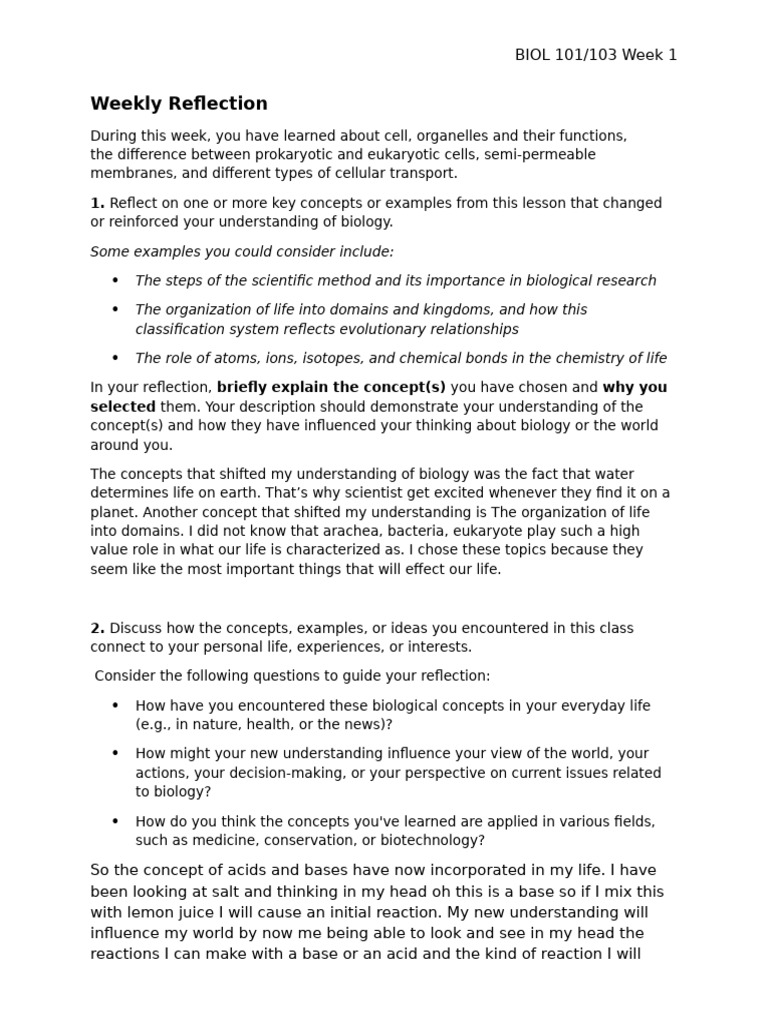Week 1 Biology Reflection Insights | PDF | Life | Biology