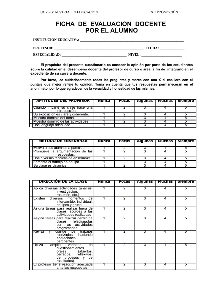 Ficha De Evaluacion Docente Al Alumno Maestros Evaluación