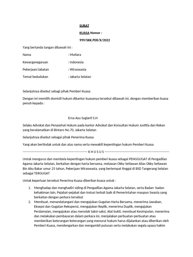 Surat Kuasa Gugatan Harta Gono Gini | PDF