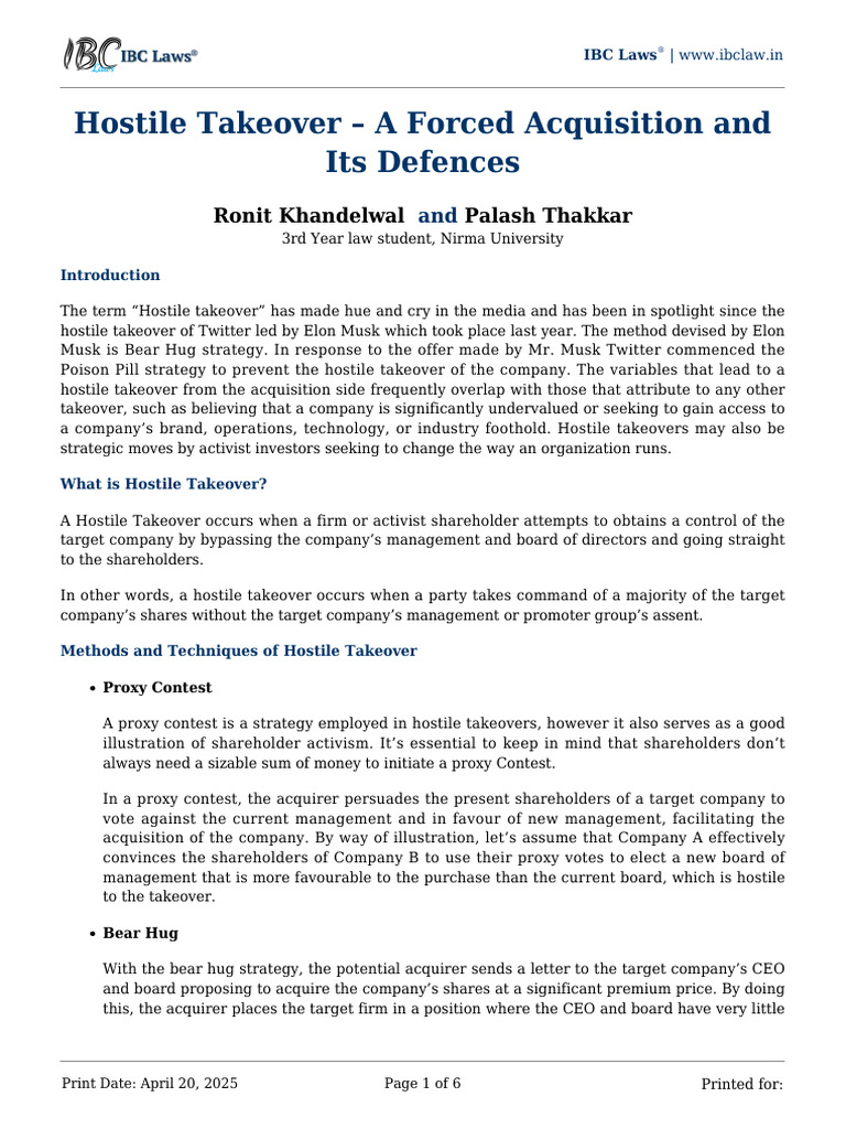 Hostile Takeover A Forced Acquisition and Its Defences by Ronit ...