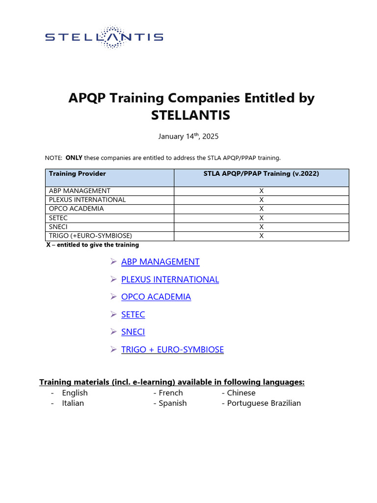 APQP Training Companies Entitled by Stellantis v.13 | PDF