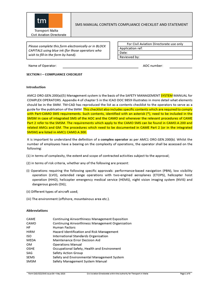 SMS Manual Compliance Checklist | PDF | Risk | Safety