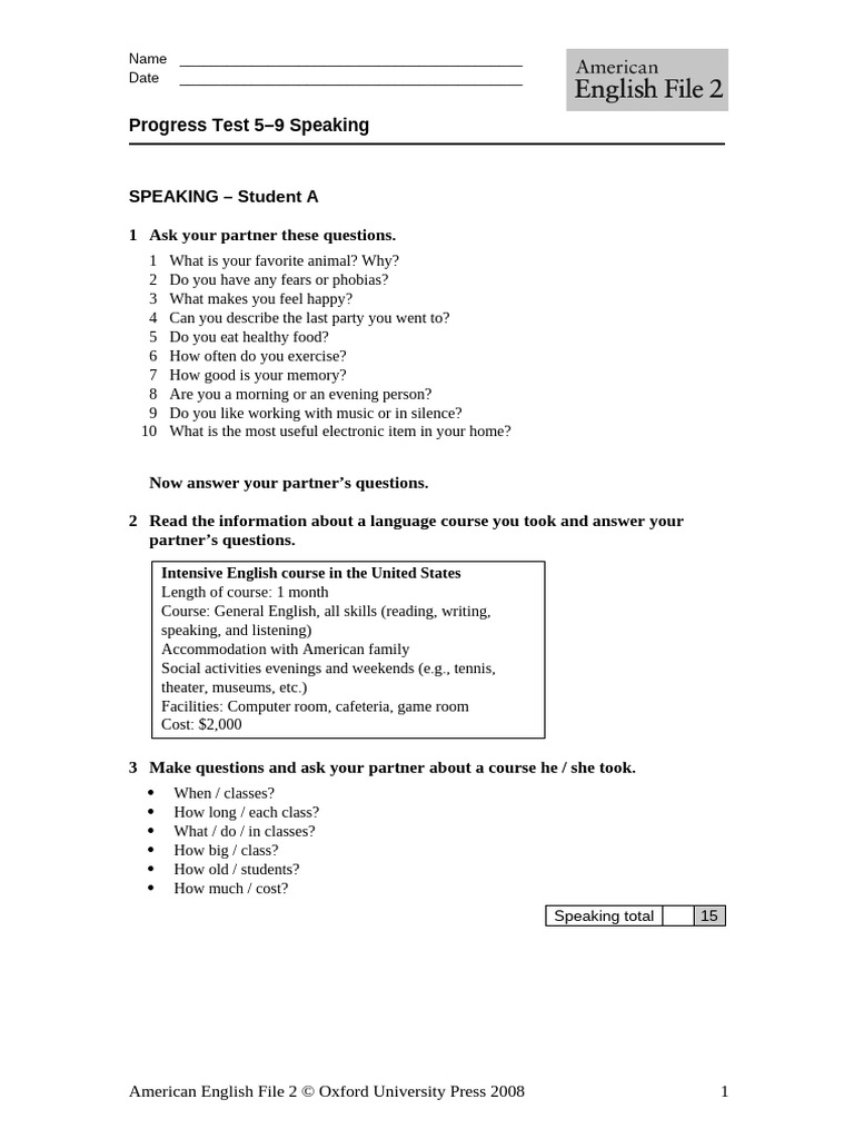 AEF Speaking Progress Test 5-9 | PDF