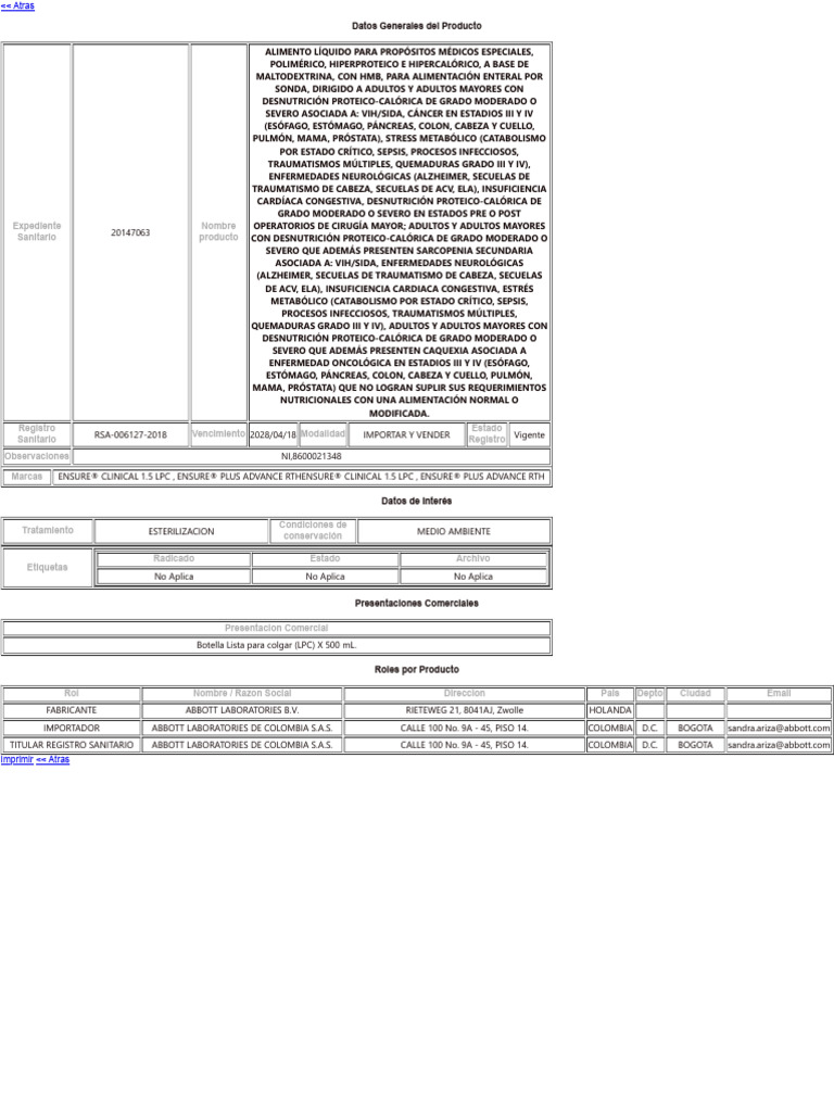 Información sobre Ensure Clinical 1.5 LPC | PDF