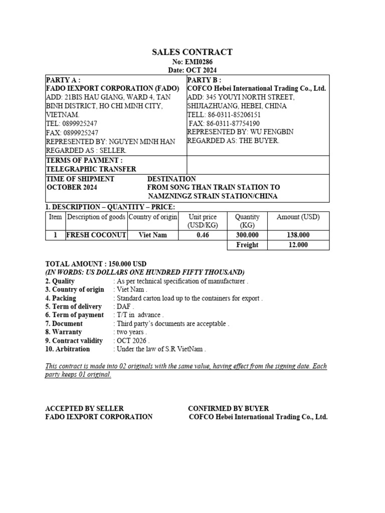 Sales Contract for Fresh Coconut Export | PDF