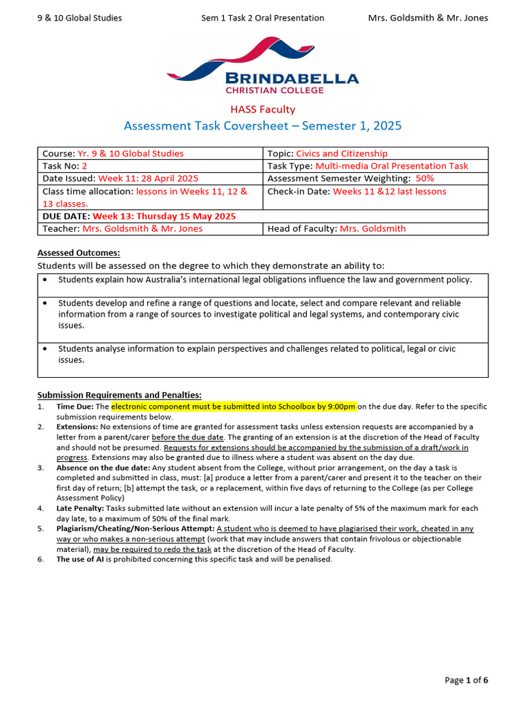 Global Studies Assessment Sem 1 Task 2 2025 | PDF | Plagiarism | Treaty