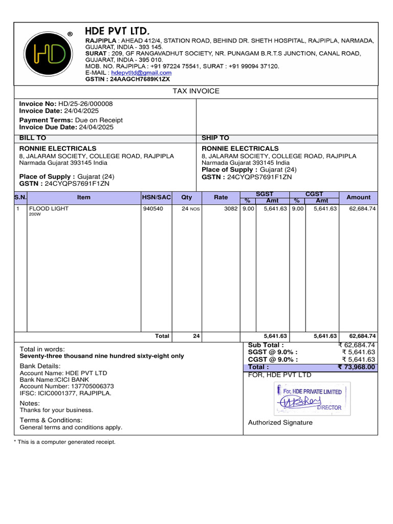 Tax Invoice for Ronnie Electricals | PDF