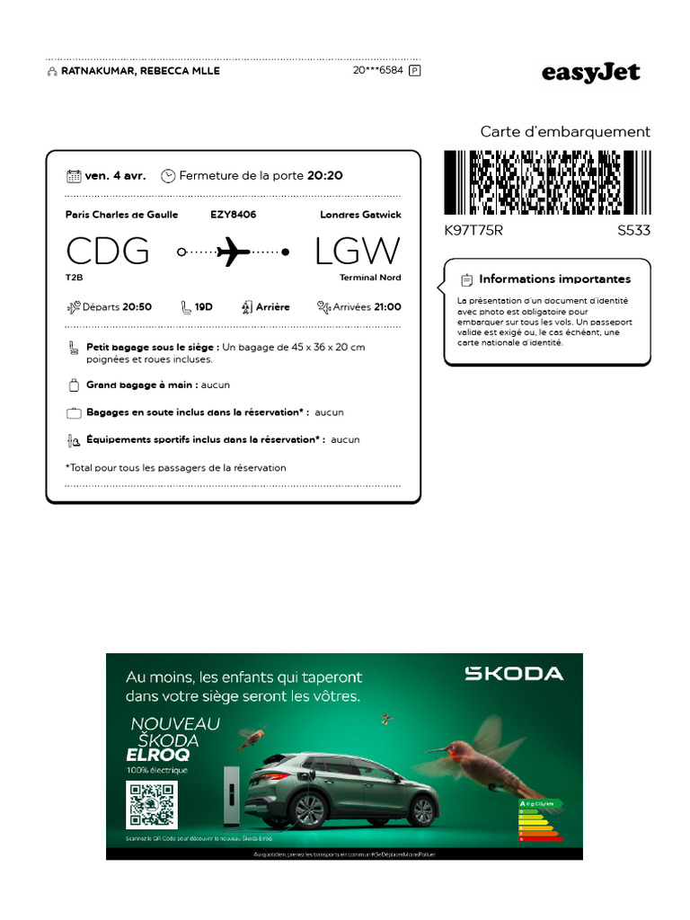Carte d'embarquement EasyJet EJU8405/EZY8406 | PDF | France | Contrôle ...