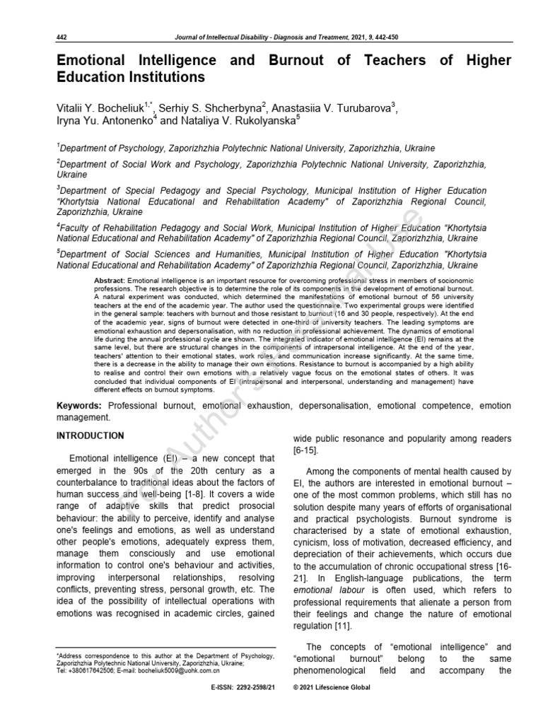 Emotional Intelligence and Teacher Burnout | PDF | Occupational Burnout ...