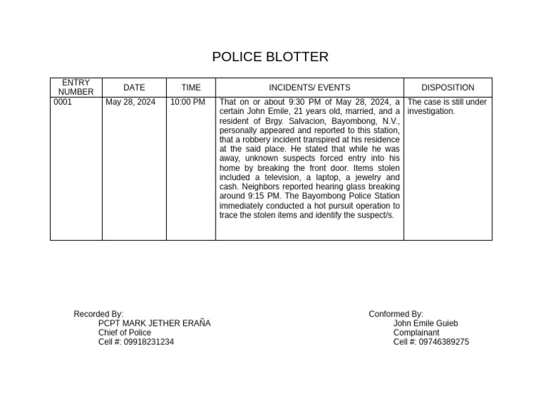 Police Blotter Entry Sample | PDF
