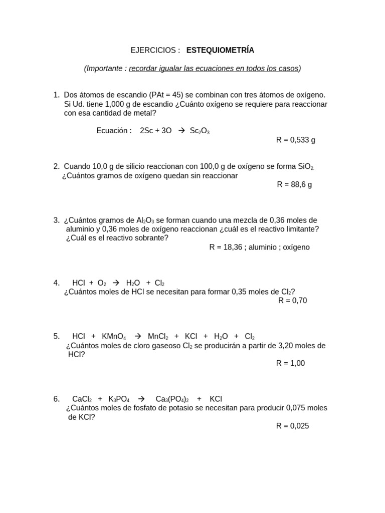 Ejercicios de Estequiometría y Reactivos | PDF | Mole (Unidad ...