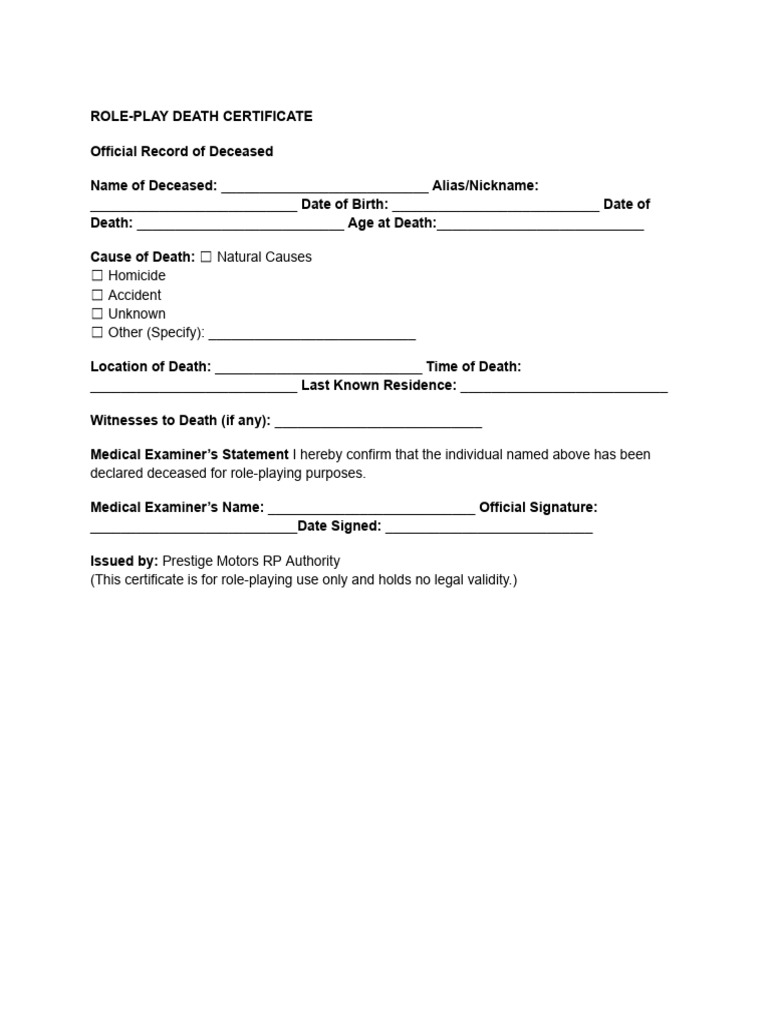 Role-Play Death Certificate Template | PDF