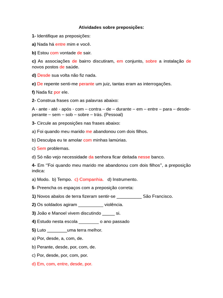 Atividades de Preposições 7º Ano | PDF