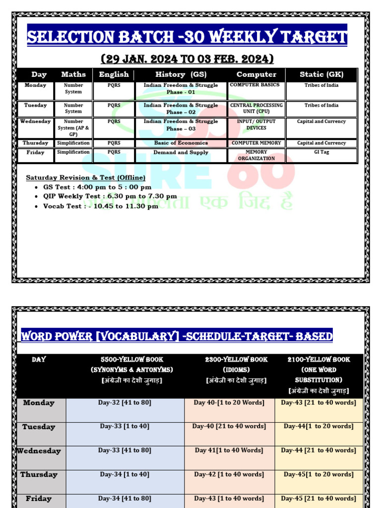 Weekly Study Schedule: Maths & English | PDF