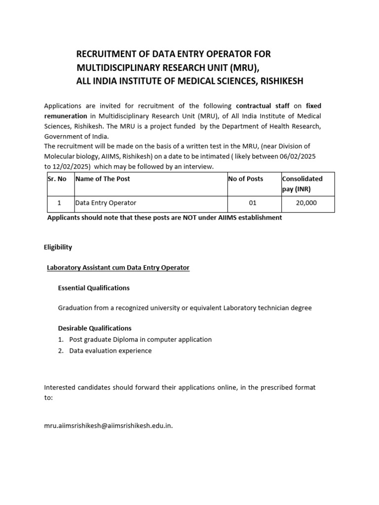 Data Entry Operator Recruitment at AIIMS Rishikesh | PDF