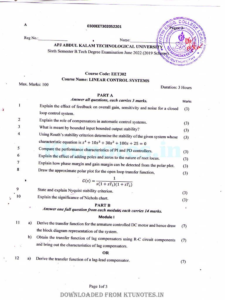 B.Tech Linear Control Systems Exam 2022 | PDF | Feedback | Control Theory