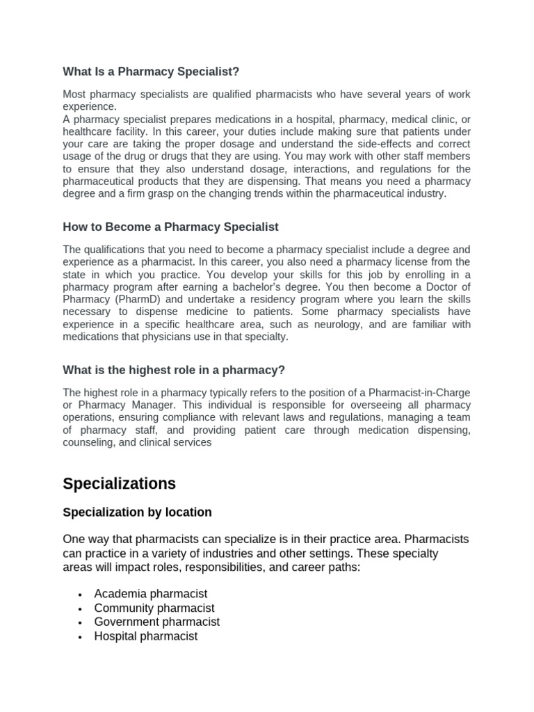 Pharmacy Specialist | PDF | Pharmacy | Health Care