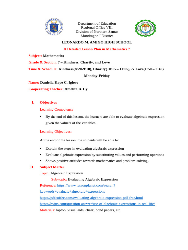 LP in EVALUATING ALGEBRAIC EXPRESSION | PDF | Equations | Bracket