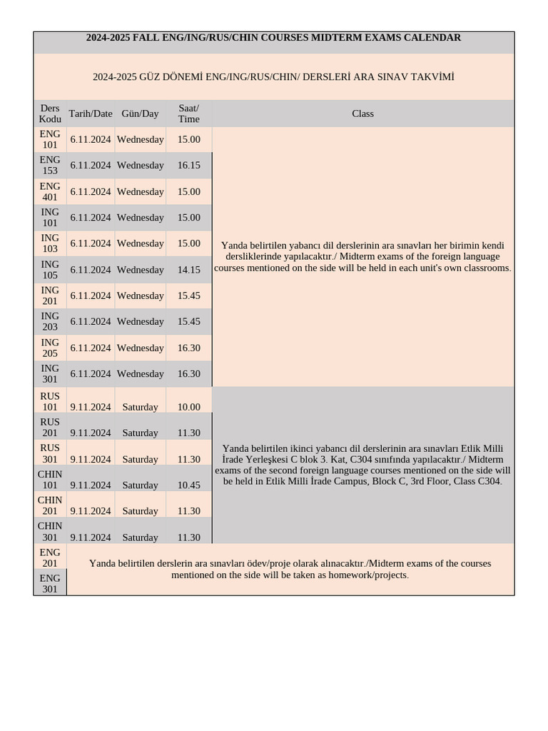 2024-2025 Fall Eng/Ing/Rus/Chin Courses Midterm Exams Calendar | PDF