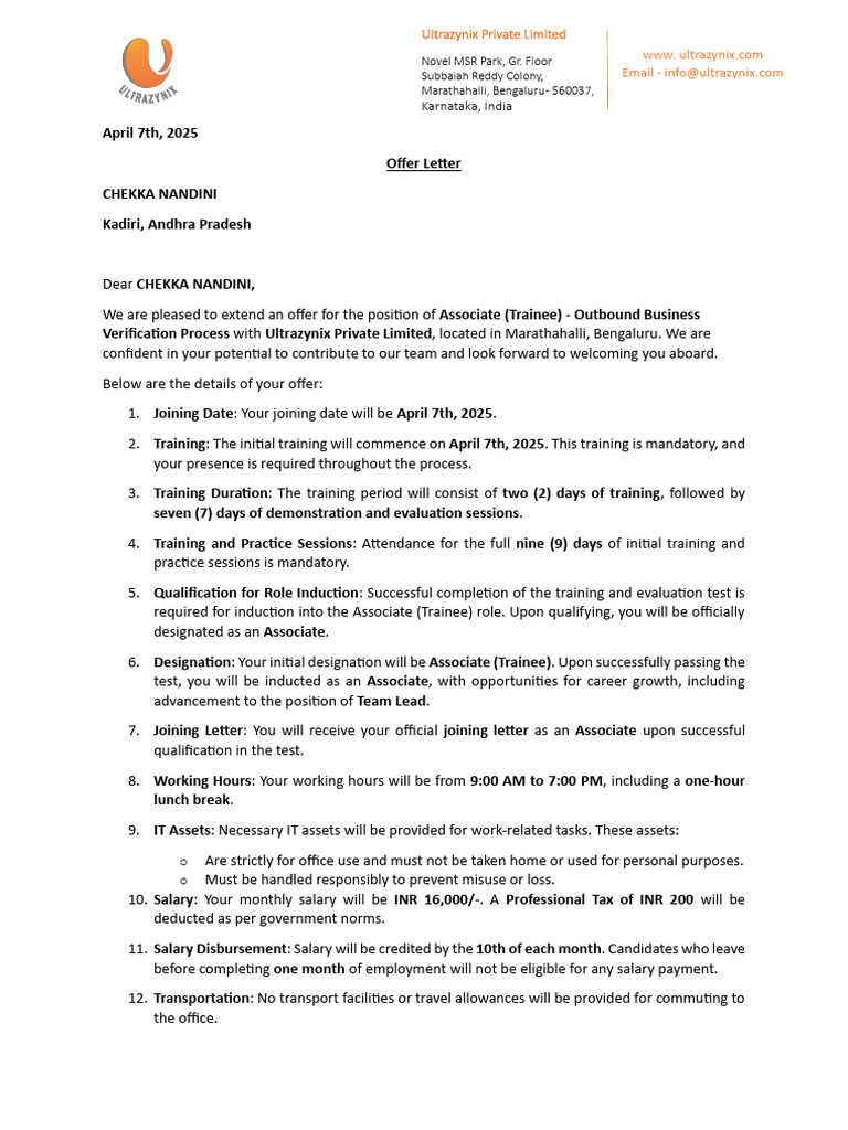 Offer Letter for Associate Position | PDF