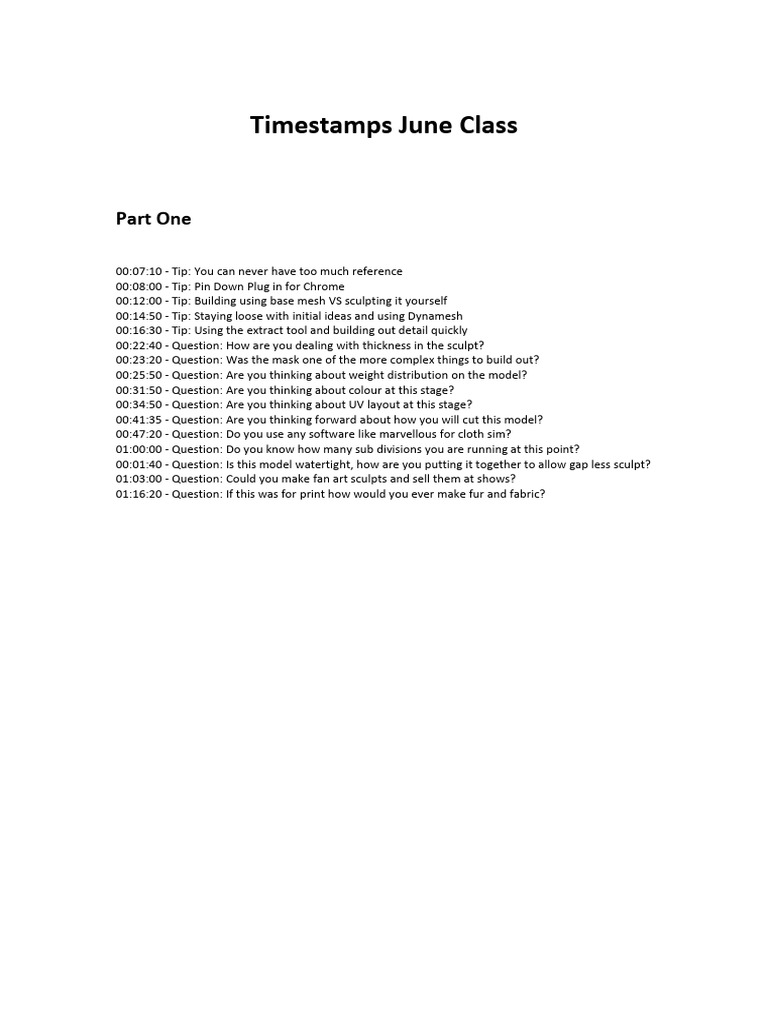 3D Sculpting Class Q&A Timestamps | PDF