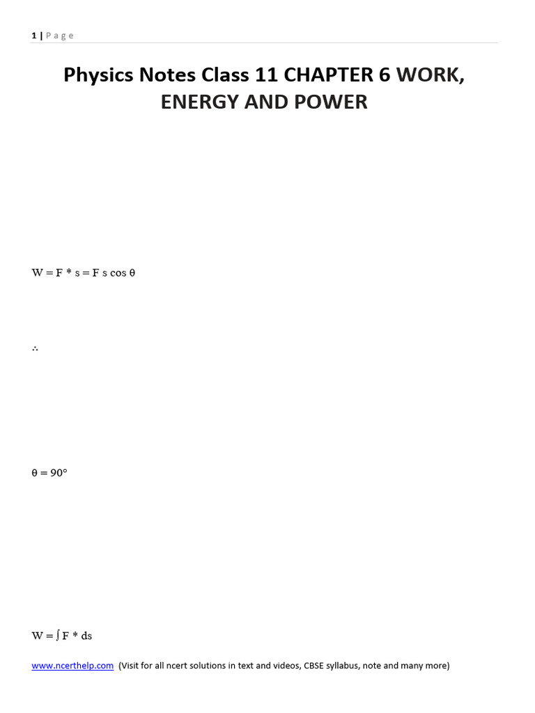 Class 11 Work, Energy, and Power Notes | PDF | Force | Potential Energy