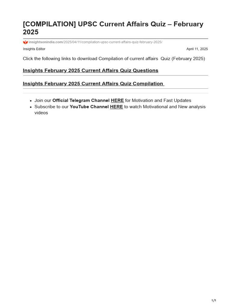 COMPILATION UPSC Current Affairs Quiz February 2025 | PDF