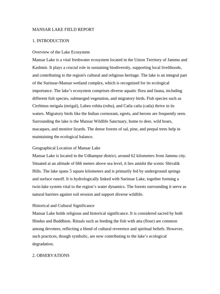 Mansar Lake Ecosystem Report and Solutions | PDF