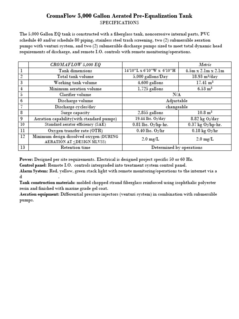 CromaFlow 5,000 Gallon EQ Tank Specs | PDF