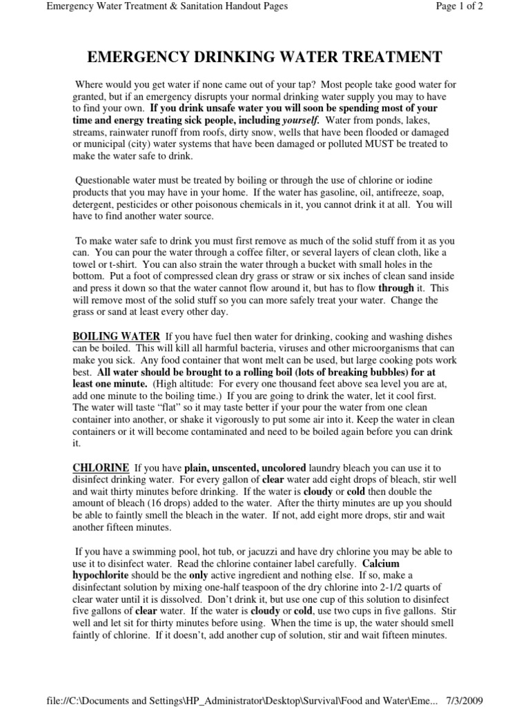 Emergency Drinking Water Treatment | PDF | Water | Bleach