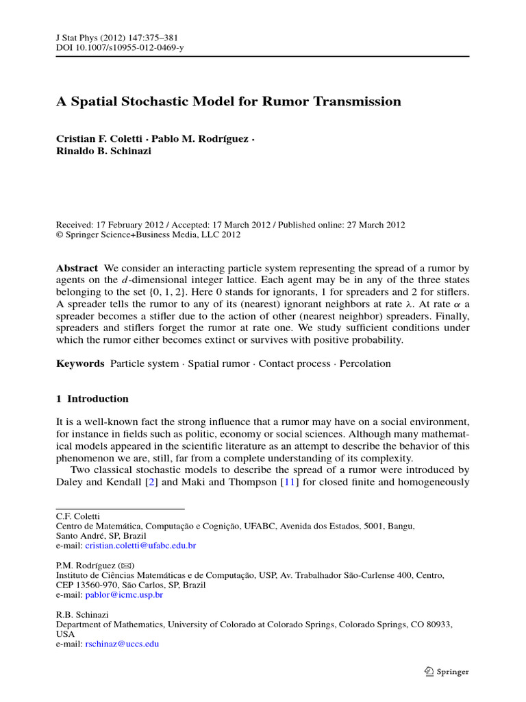 Spatial Model of Rumor Spread Dynamics | PDF | Chemical Equilibrium ...