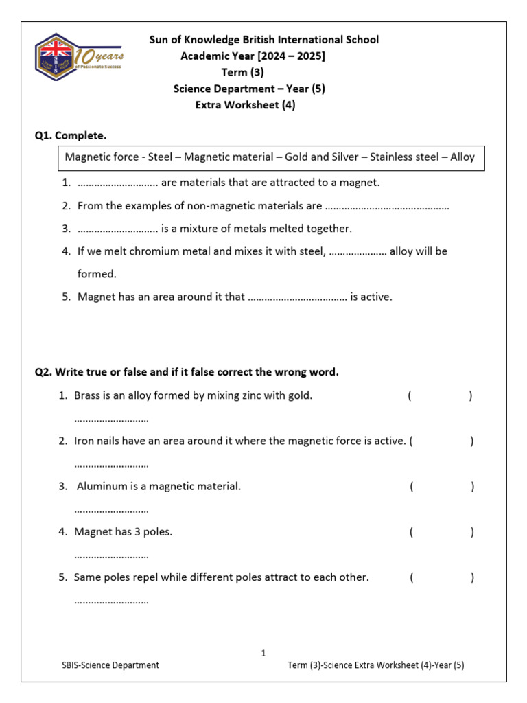 Term (3) - Science Extra Worksheet (4) - Year | PDF | Alloy | Steel