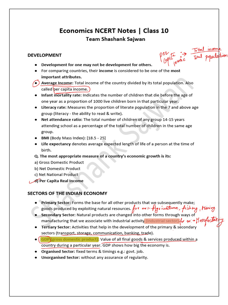 Class 10 Economics NCERT Notes | PDF | Gross Domestic Product | Loans