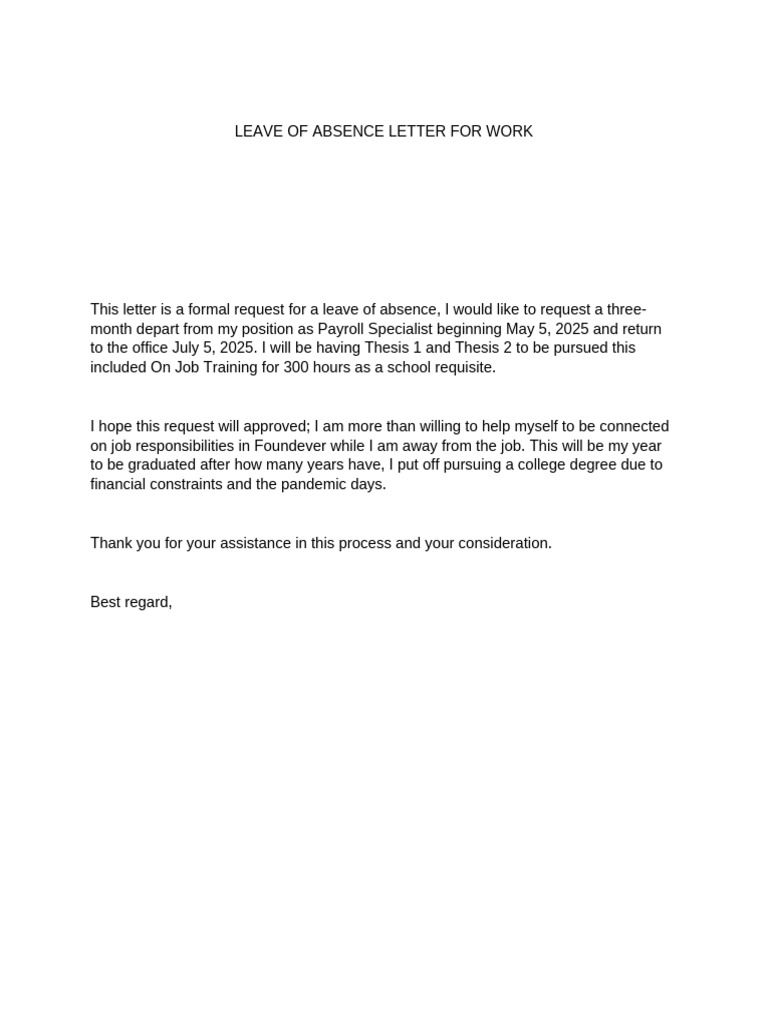 Leave of Absence Letter For Work | PDF