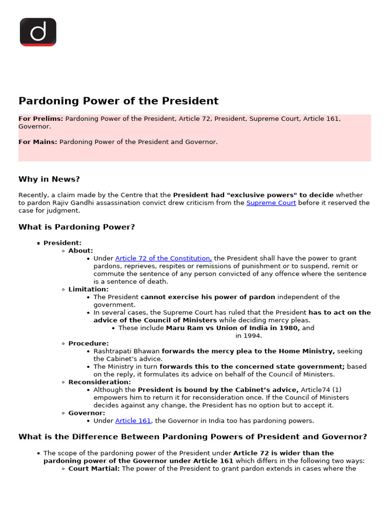 Pardoning Power of The President | PDF | Pardon | Government