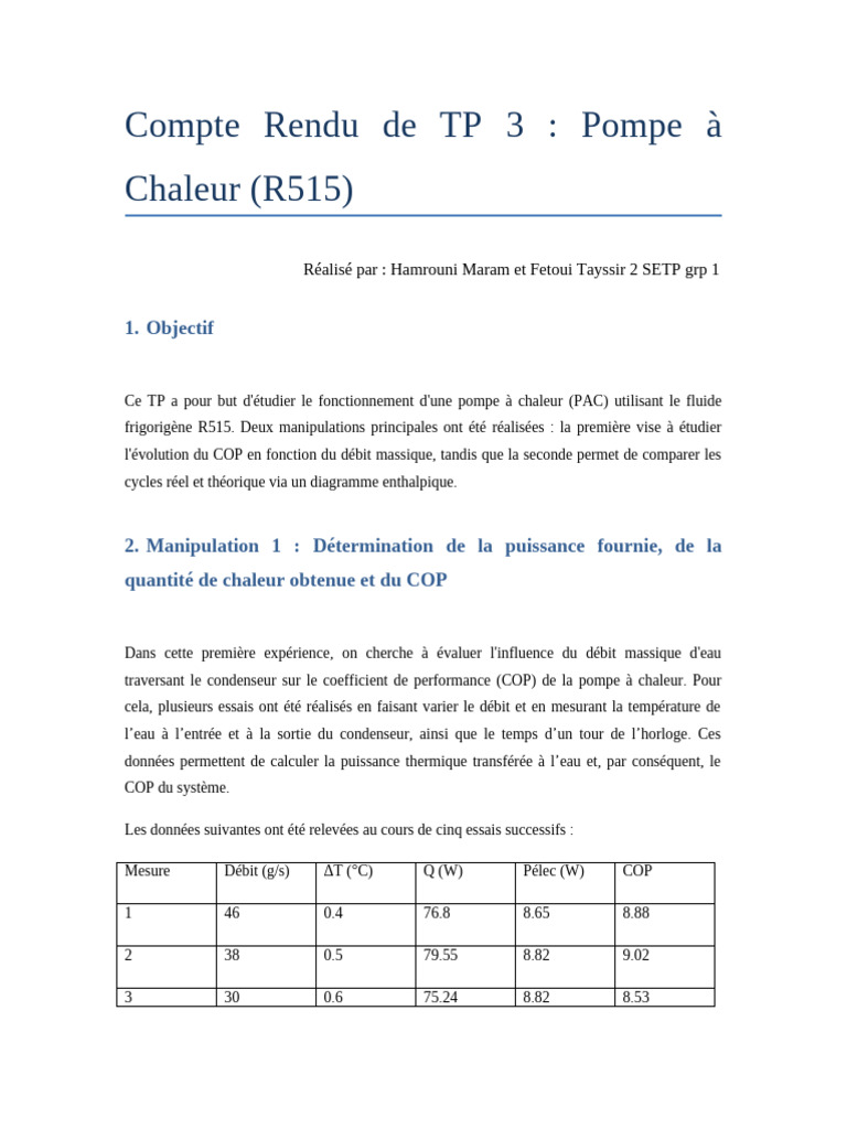 Étude du COP d'une PAC avec R515 | PDF | Chaleur | Pompe à chaleur