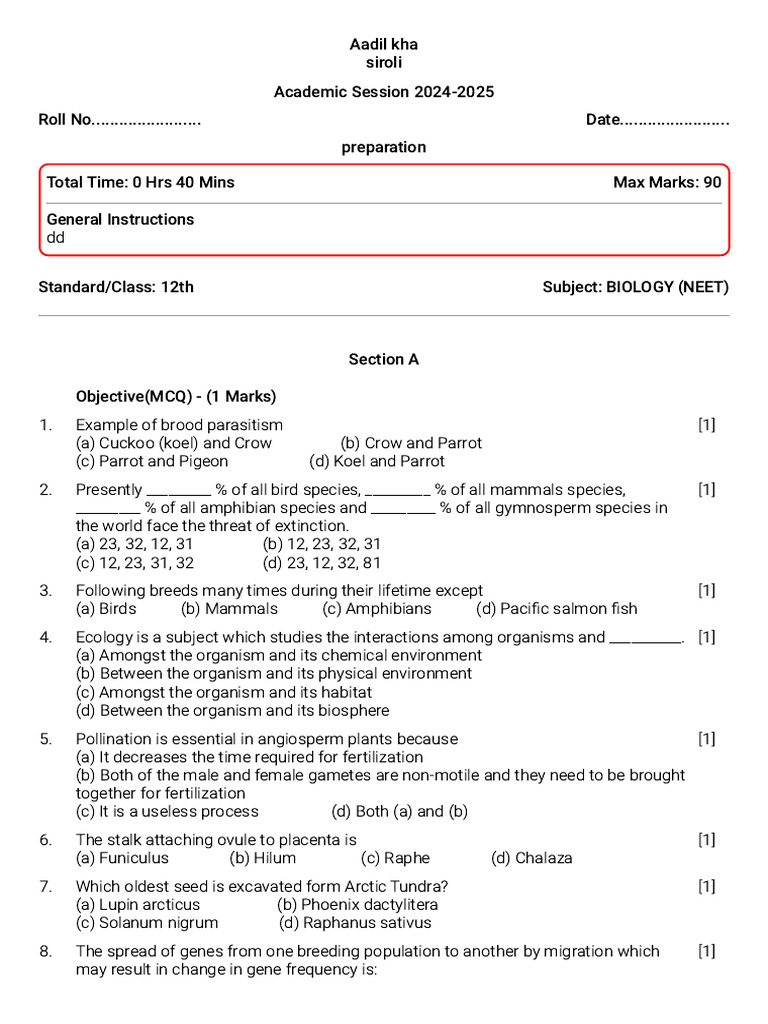 NEET Biology MCQ Practice Paper 2024 | PDF | Homo | Genetic Variation