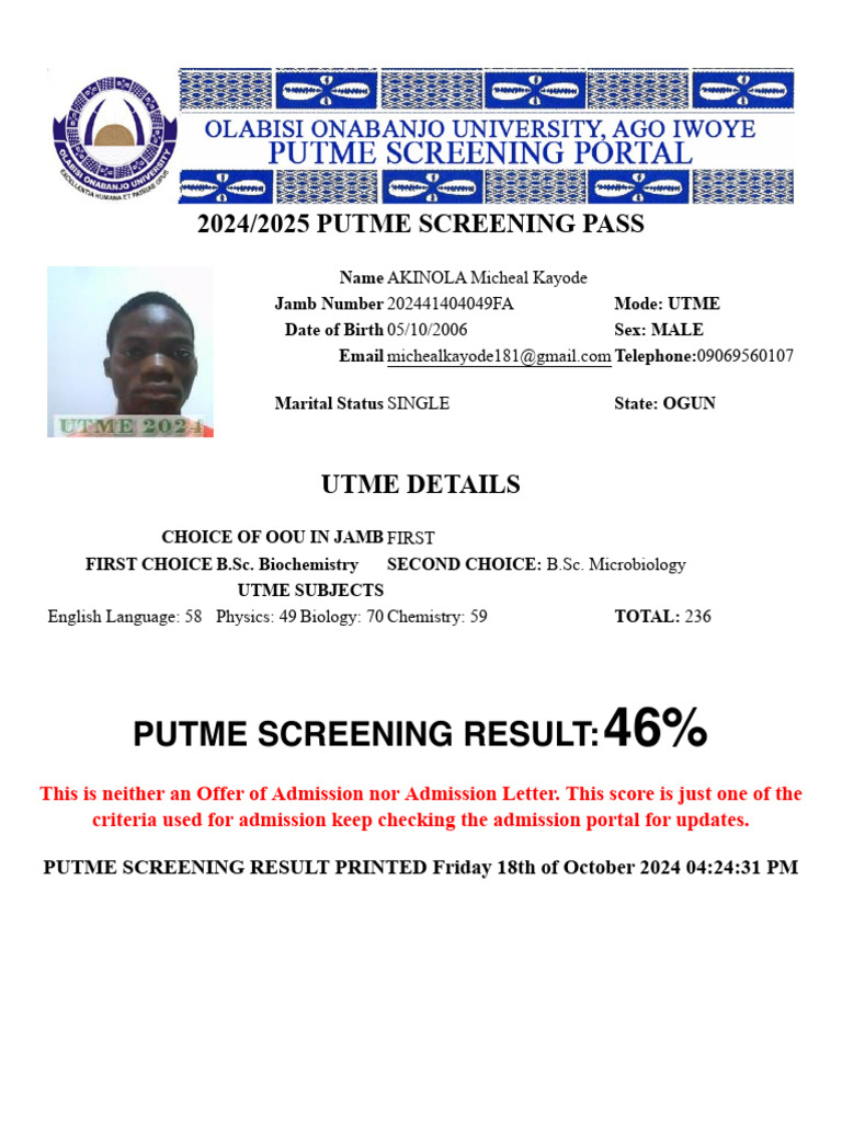 FUPRE 2025 PUTME Screening Result | PDF