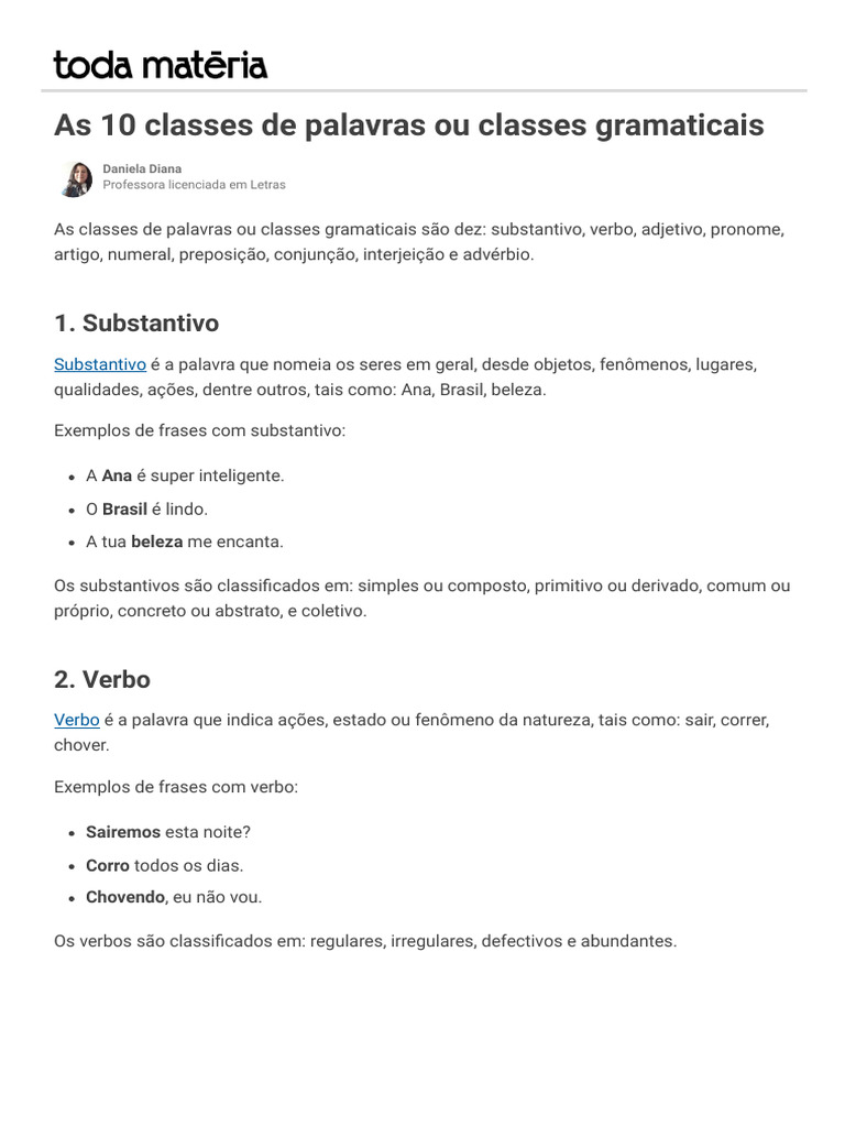 As 10 Classes de Palavras Ou Classes Gramaticais - Toda Matéria | PDF ...