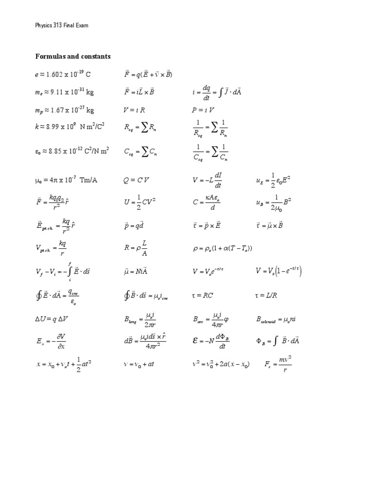 Physics 313 Final Exam Formulas Guide | PDF | Teaching Methods & Materials