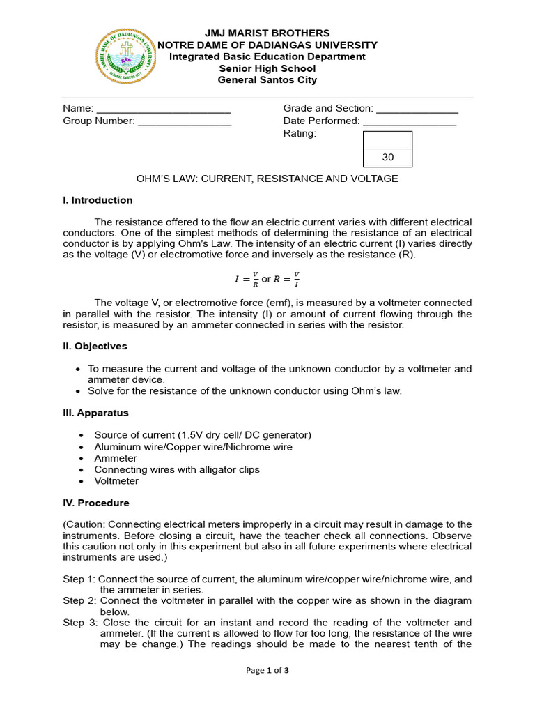 Ohm's Law Experiment Guide | PDF | Voltage | Resistor