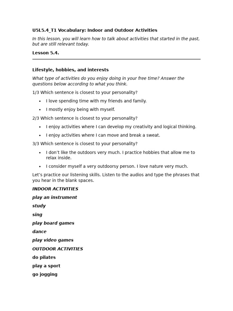 Indoor and Outdoor Activities Vocabulary | PDF