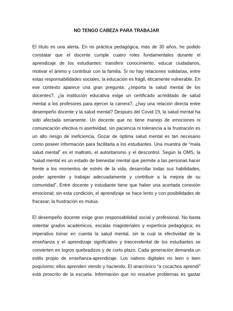Salud Mental y Desempeño Docente | PDF | Maestros | Salud mental