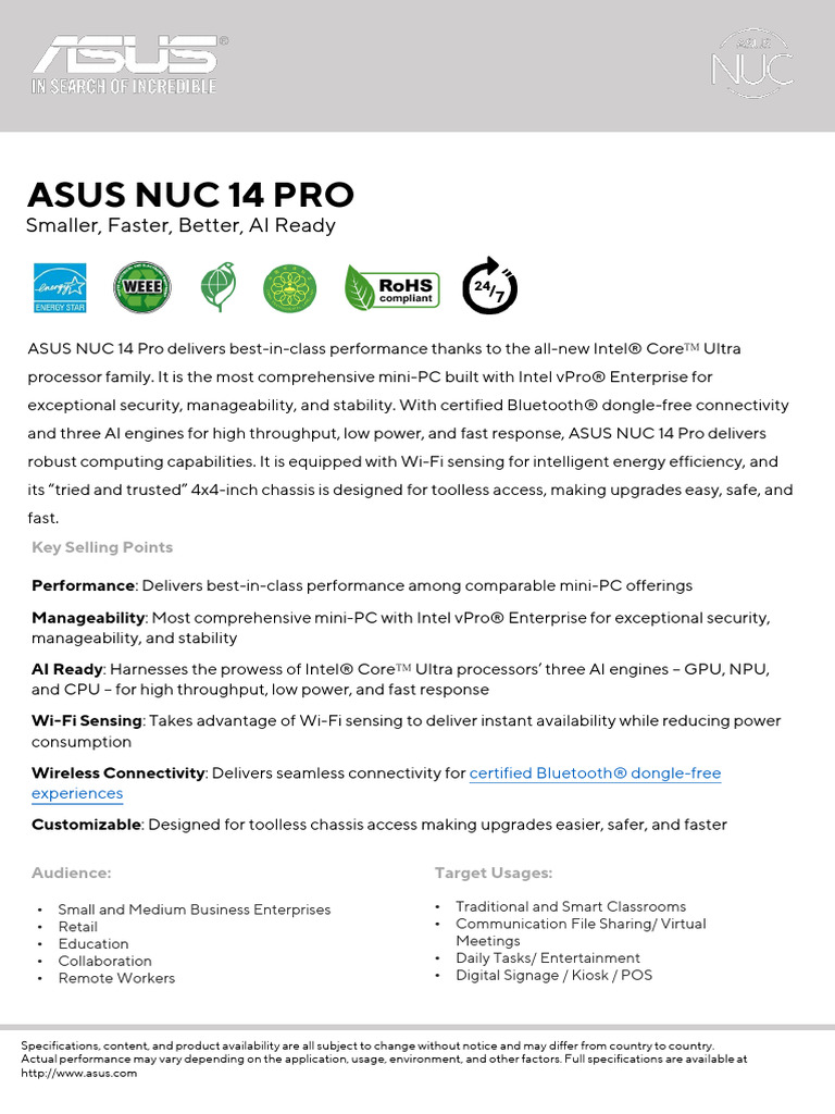 ASUS NUC 14 Pro Datasheet | PDF | Hdmi | Usb