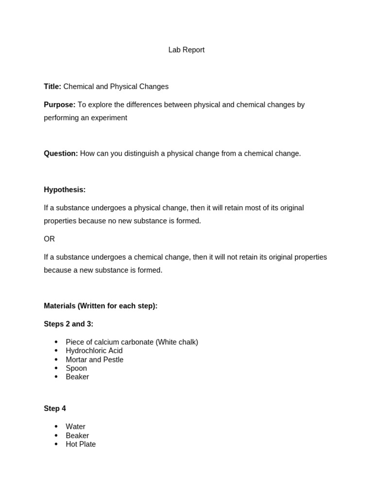Lab Report - Physical and Chemical Changes | PDF | Chemical Substances ...