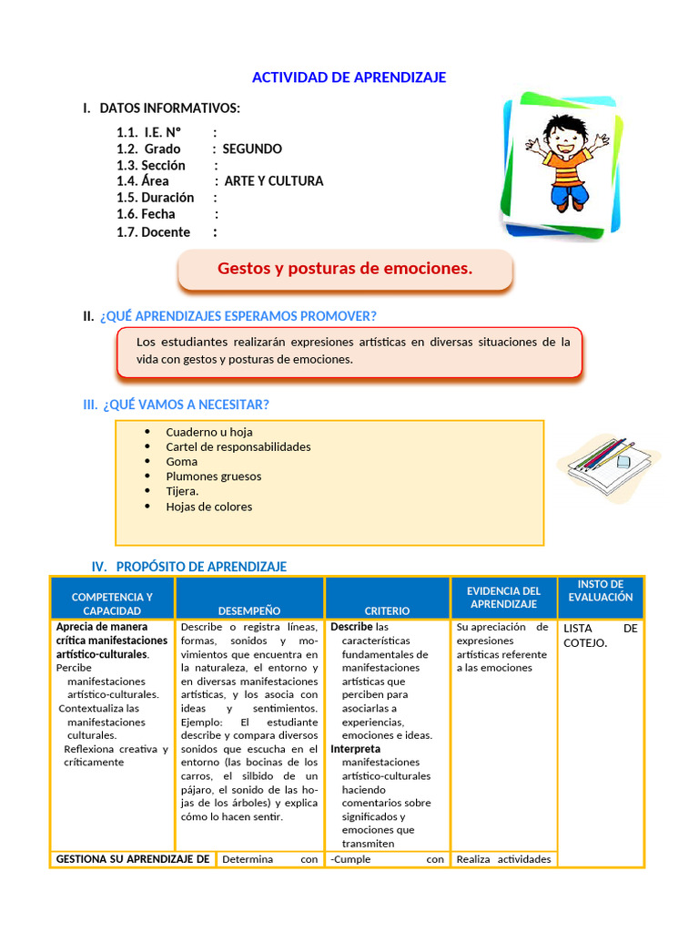 Actividad de Arte y Cultura para Segundo Grado | PDF | Aprendizaje ...