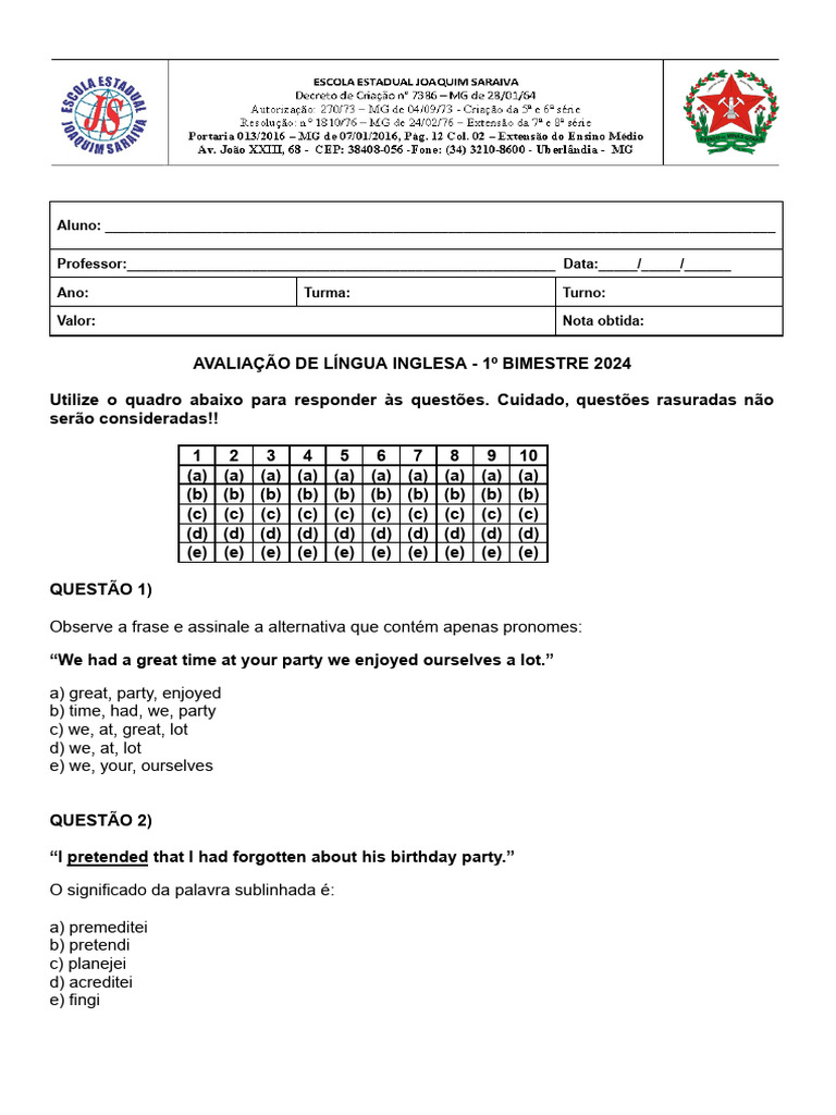 Avaliação de Língua Inglesa - 1º Bimestre 2024 | PDF | Linguística