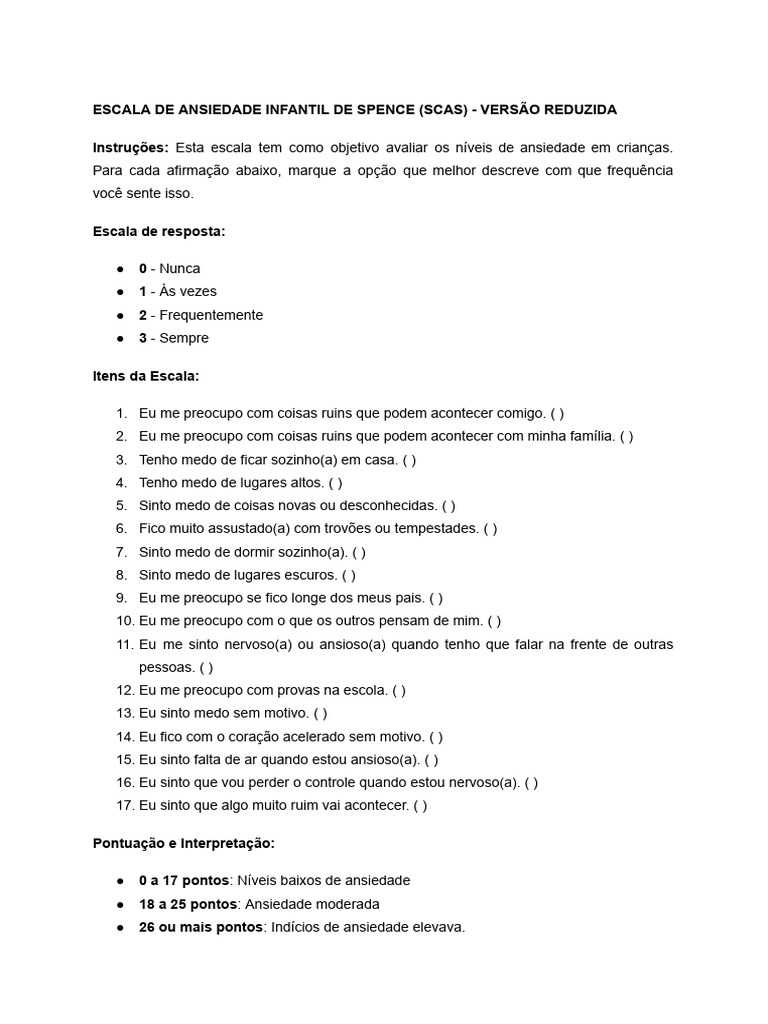 Escala de Ansiedade Infantil SCAS | PDF