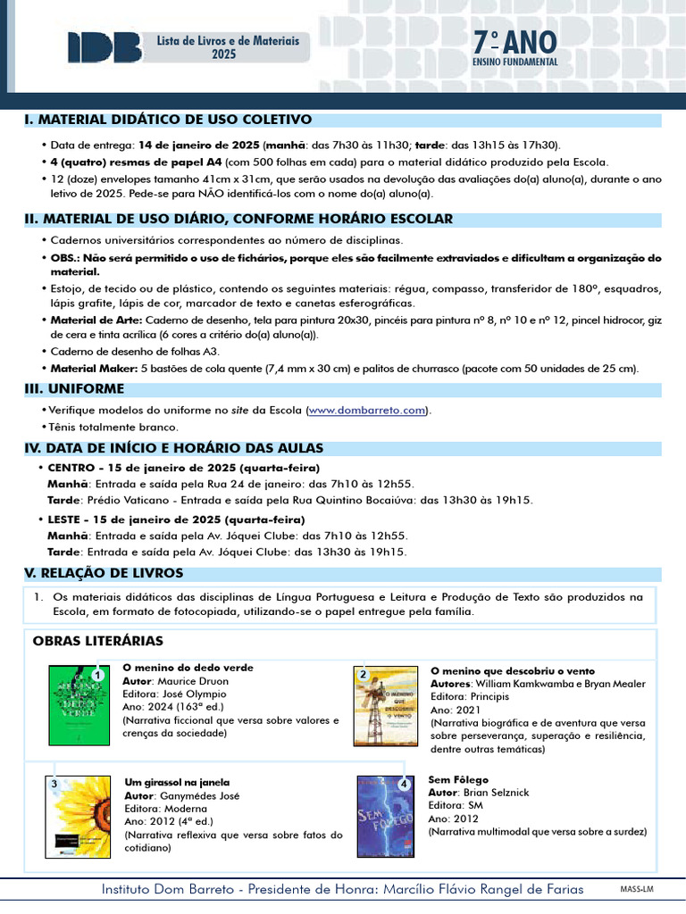 Materiais e Livros 7º Ano 2025 | PDF
