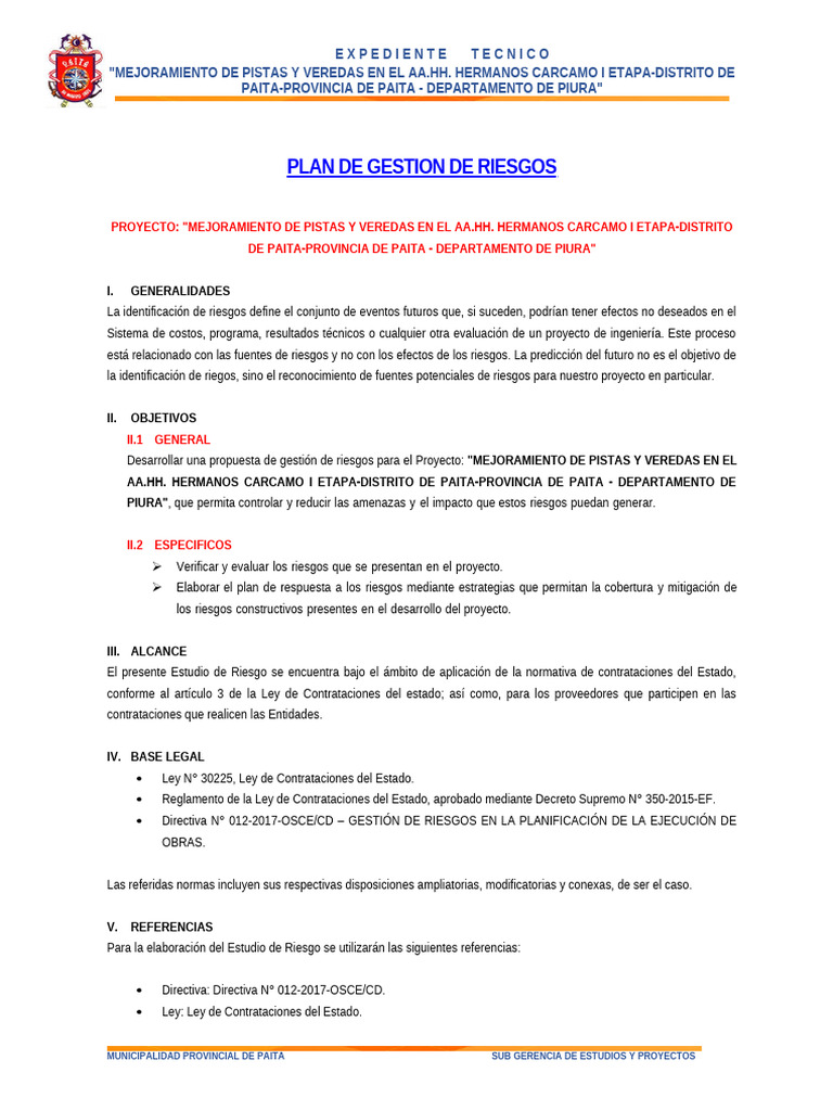 Gestión de Riesgos en Proyecto Pistas Paita | PDF | Riesgo | Probabilidad